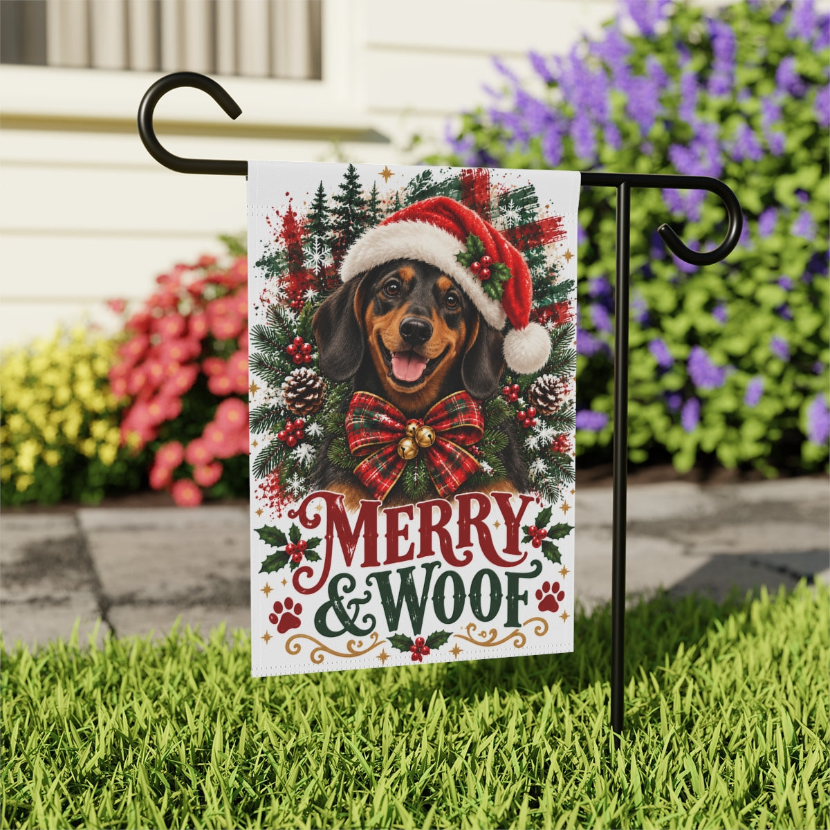 Black and Tan Dachshund Christmas Garden Flag, Merry & Woof Holiday Yard Decor