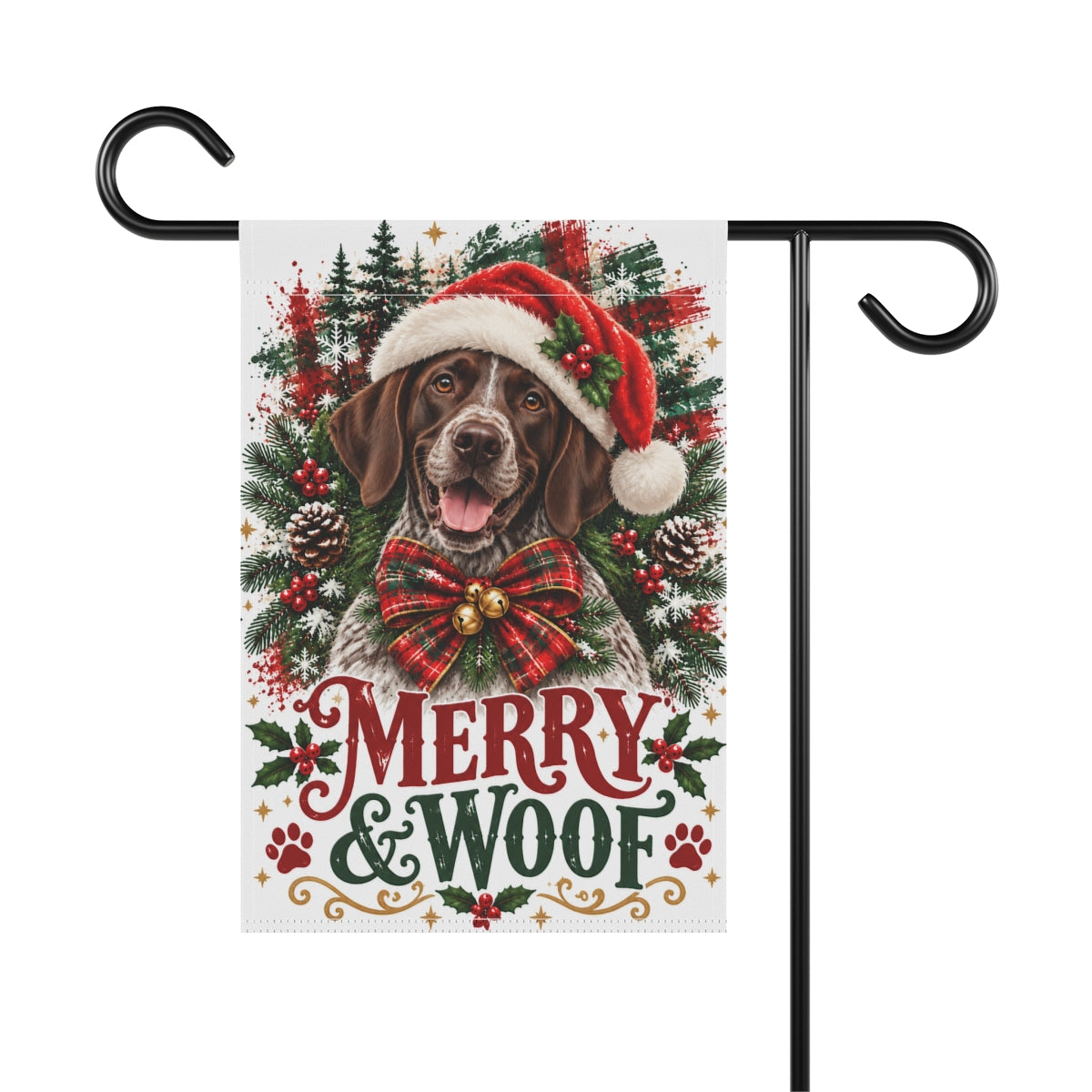 German Shorthaired Pointer Christmas Garden Flag, Merry & Woof Holiday Yard Decor