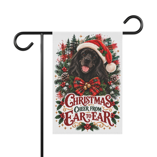 Black Cocker Spaniel Christmas Garden Flag, Christmas Cheer from Ear to Ear