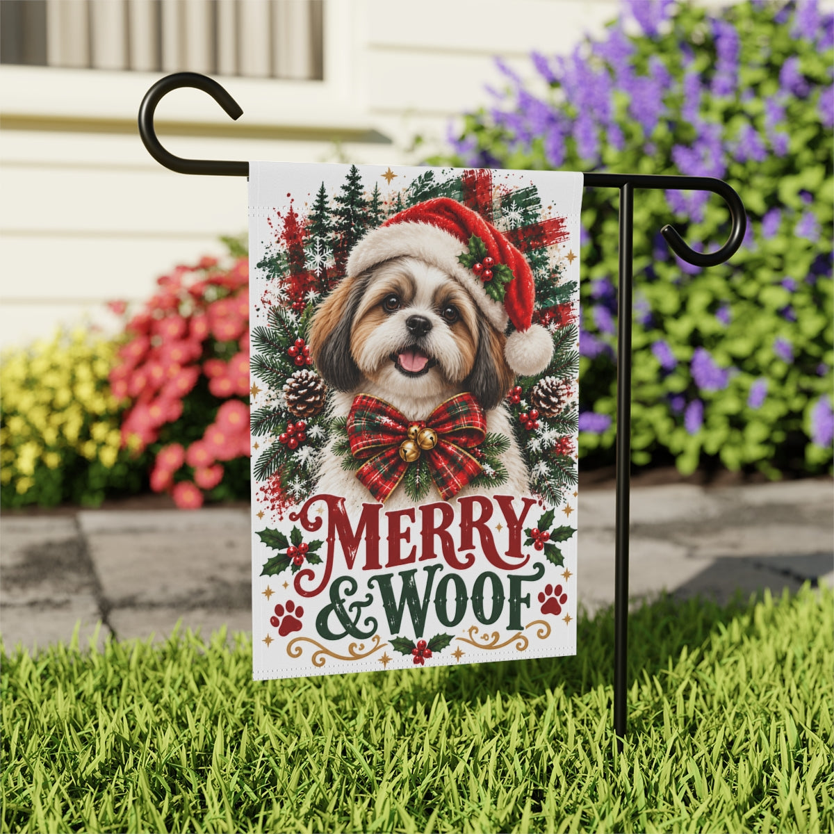 Shih Tzu Christmas Garden Flag, Merry & Woof Holiday Dog Yard Decor