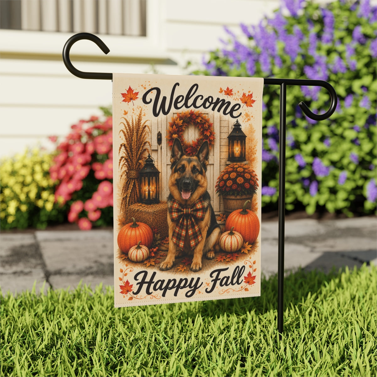 German Shepherd Welcome Fall Garden Flag, Autumn GSD Porch Decor, German Shepherd Gift