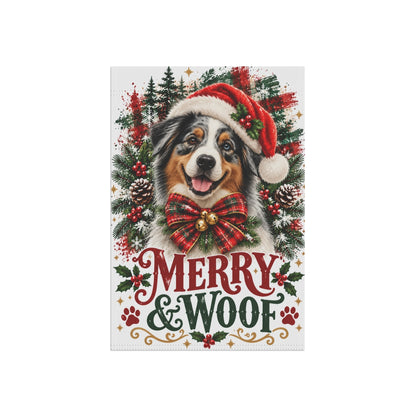 Australian Shepherd Christmas Garden Flag, Merry & Woof Holiday Dog Yard Decor