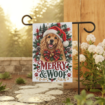 Cocker Spaniel Christmas Garden Flag, Merry & Woof Holiday Dog Yard Decor