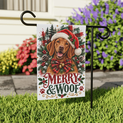 Vizsla Christmas Garden Flag, Merry & Woof Holiday Dog Yard Decor