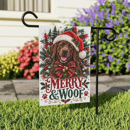 Chocolate Labrador Retriever Christmas Garden Flag, Merry & Woof Holiday Yard Decor