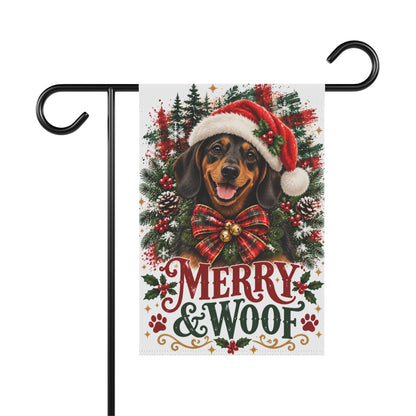 Black and Tan Dachshund Christmas Garden Flag, Merry & Woof Holiday Yard Decor