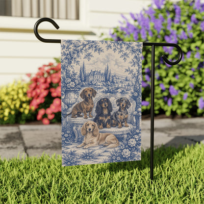 Dachshund Garden Flag, Blue Toile Doxie Yard Decor, Dachshund Mom Gift, Garden Banner