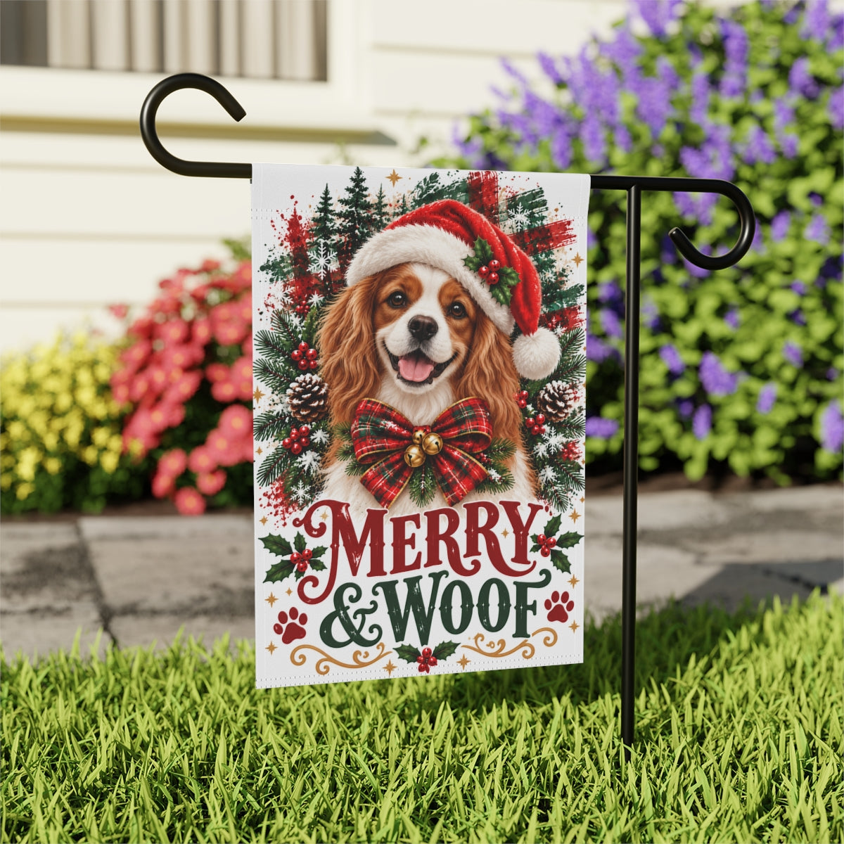 Blenheim Cavalier Christmas Garden Flag, Merry & Woof Holiday Dog Yard Decor