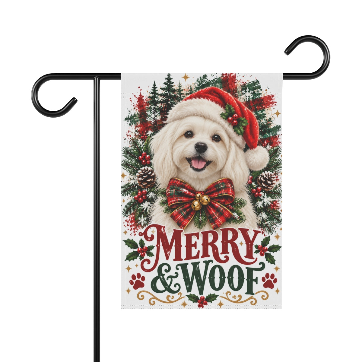 Maltese Christmas Garden Flag, Merry & Woof Holiday Dog Yard Decor