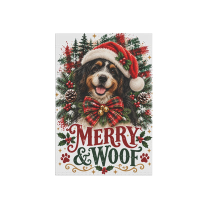 Bernedoodle Christmas Garden Flag, Merry & Woof Holiday Dog Yard Decor