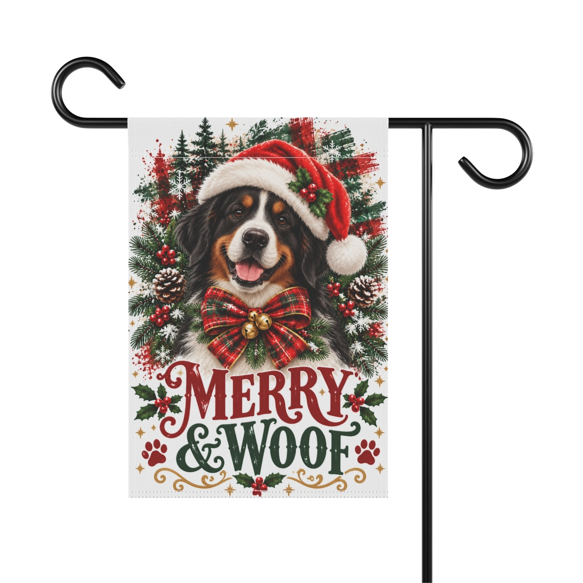 Bernese Mountain Dog Christmas Garden Flag, Merry & Woof Holiday Yard Decor
