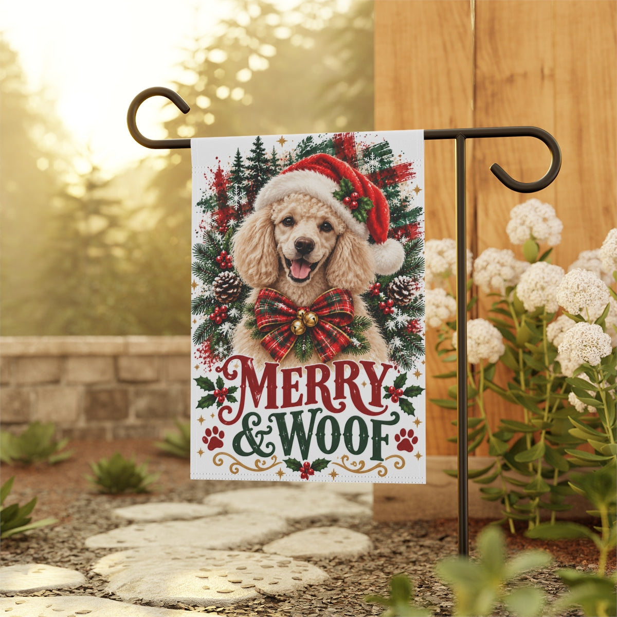 Poodle Christmas Garden Flag, Merry & Woof Holiday Dog Yard Decor