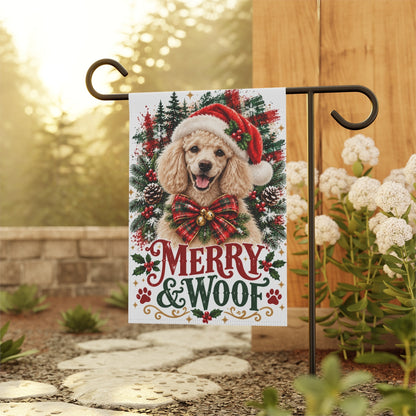 Poodle Christmas Garden Flag, Merry & Woof Holiday Dog Yard Decor