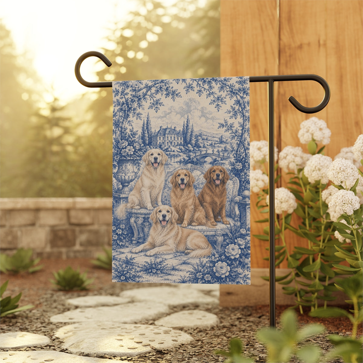 Golden Retriever Garden Flag, Blue Toile Dog Yard Decor, Golden Mom Gift, Garden Banner
