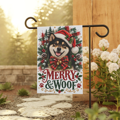 Black Shiba Inu Christmas Garden Flag, Merry & Woof Holiday Dog Yard Decor