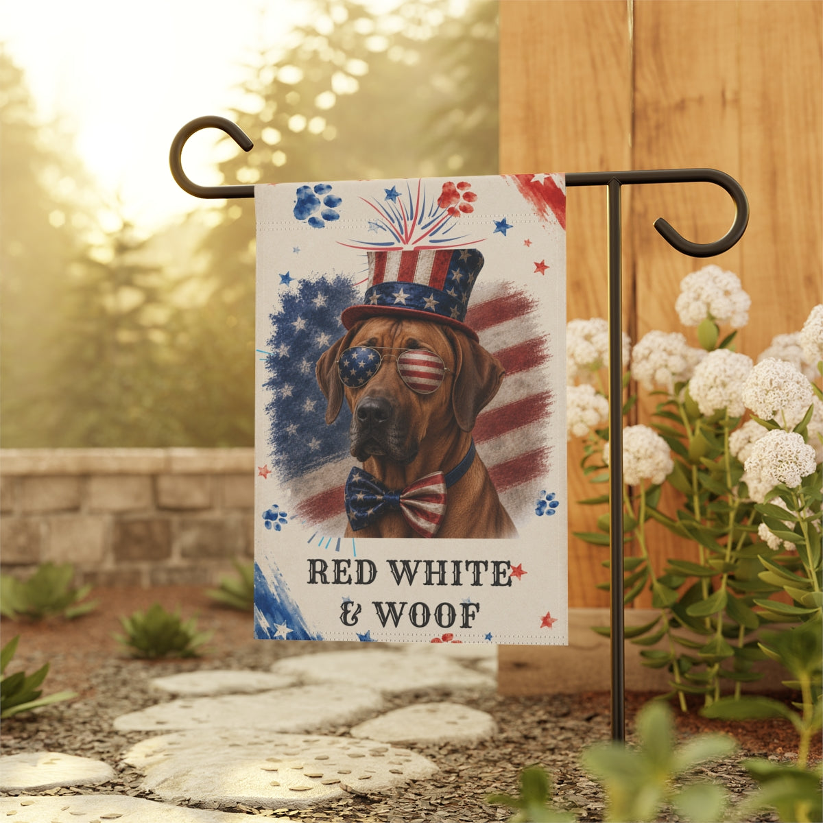Patriotic Rhodesian Ridgeback Garden Flag, Red White and Woof