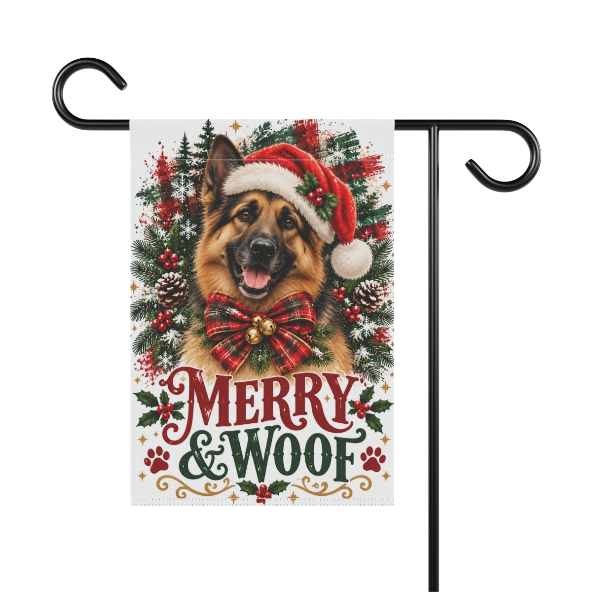German Shepherd Christmas Garden Flag, Merry & Woof Holiday Dog Yard Decor
