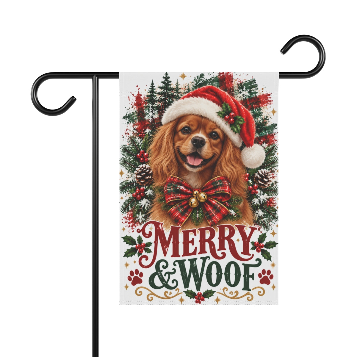 Ruby Cavalier Christmas Garden Flag, Merry & Woof Holiday Dog Yard Decor