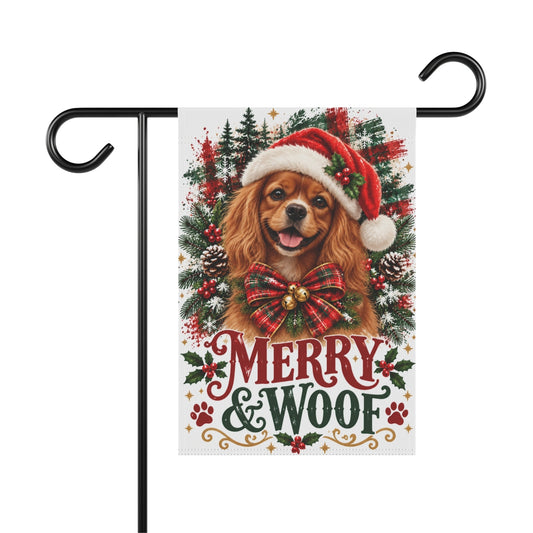 Ruby Cavalier Christmas Garden Flag, Merry & Woof Holiday Dog Yard Decor
