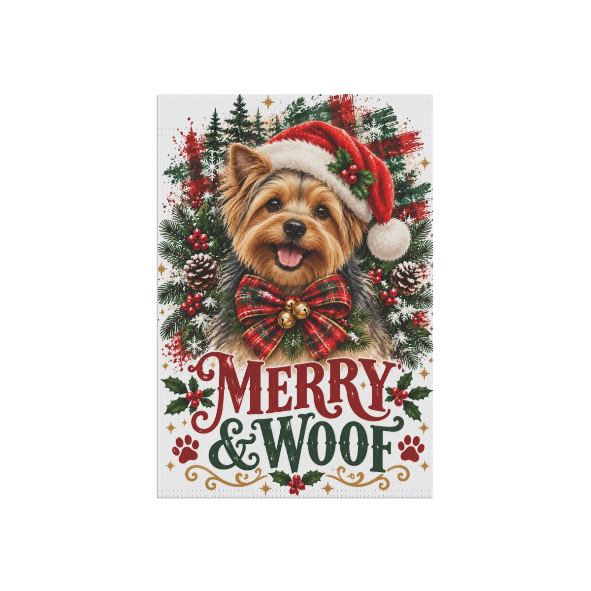 Yorkshire Terrier Christmas Garden Flag, Merry & Woof Holiday Dog Yard Decor