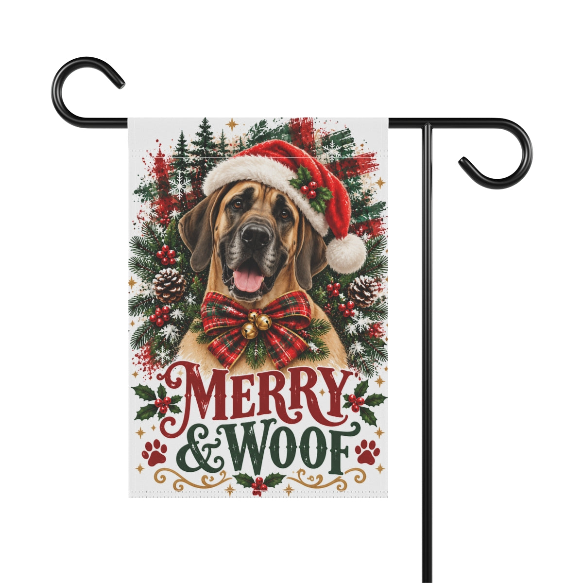 Fawn Great Dane Christmas Garden Flag, Merry & Woof Holiday Yard Decor