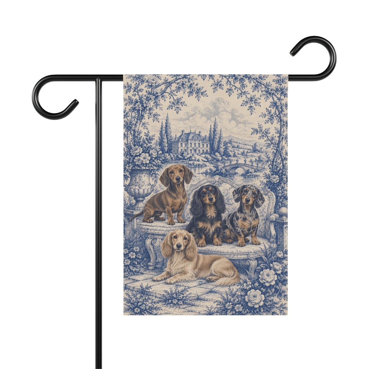 Dachshund Garden Flag, Blue Toile Doxie Yard Decor, Dachshund Mom Gift, Garden Banner