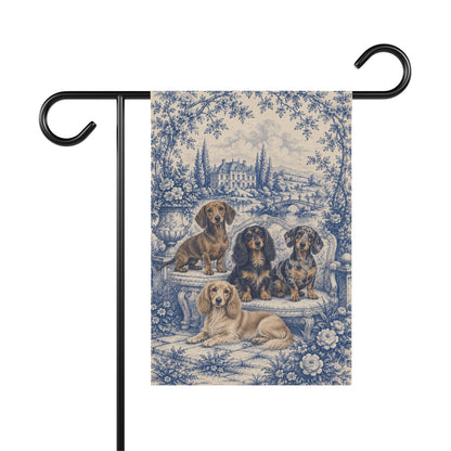Dachshund Garden Flag, Blue Toile Doxie Yard Decor, Dachshund Mom Gift, Garden Banner