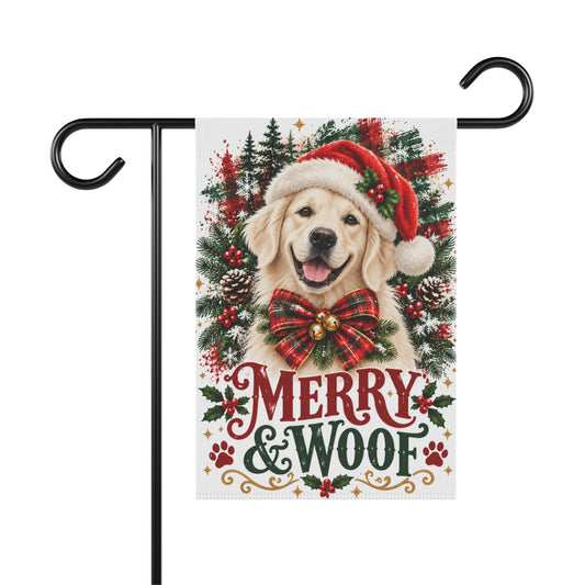 English Cream Golden Retriever Christmas Garden Flag, Merry & Woof Holiday Yard Decor