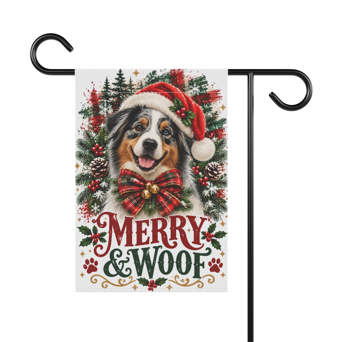Australian Shepherd Christmas Garden Flag, Merry & Woof Holiday Dog Yard Decor