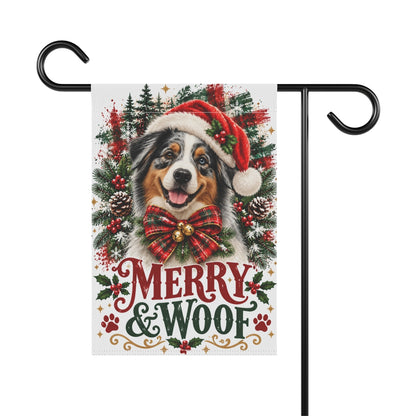 Australian Shepherd Christmas Garden Flag, Merry & Woof Holiday Dog Yard Decor