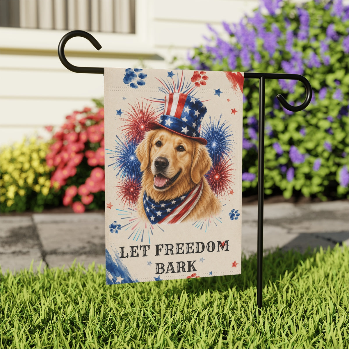 Patriotic Golden Retriever Garden Flag, Let Freedom Bark