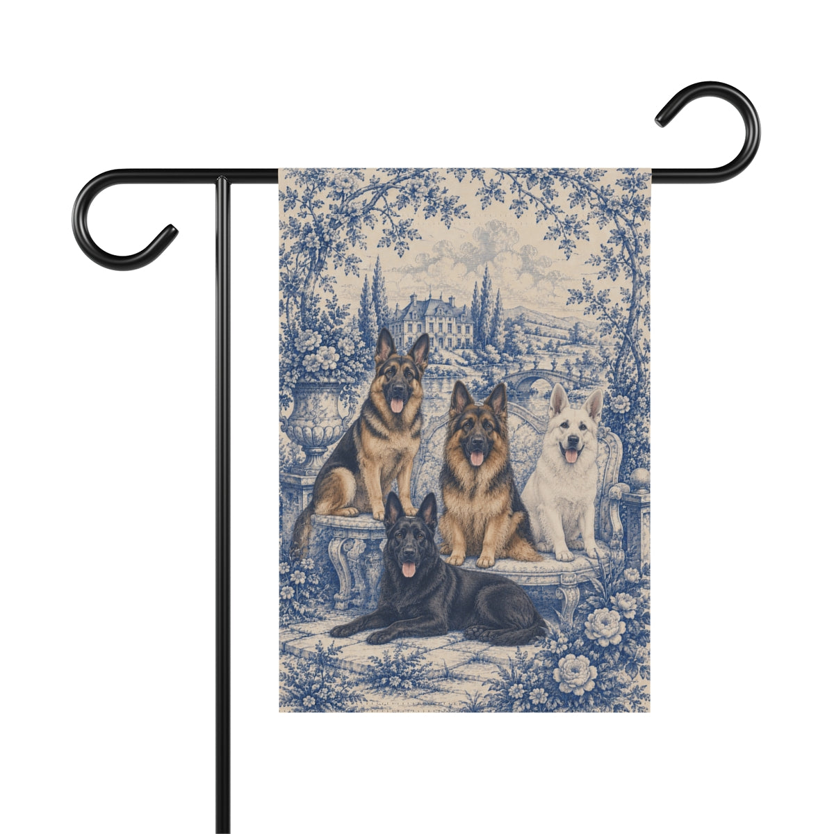German Shepherd Garden Flag, Blue Toile GSD Yard Decor, Shepherd Mom Gift, Garden Banner