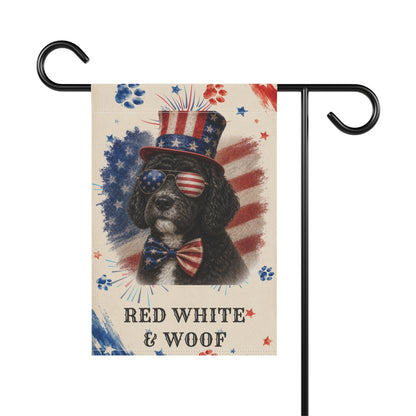 Patriotic Black Portuguese Water Dog Garden Flag, Red White and Woof