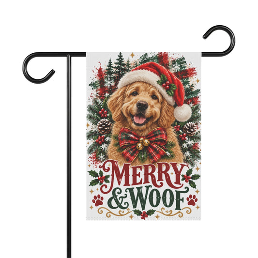 Goldendoodle Christmas Garden Flag, Merry & Woof Holiday Dog Yard Decor