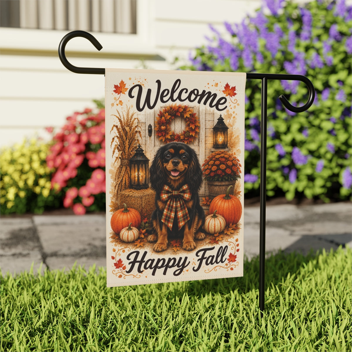 Black and Tan Cavalier Welcome Fall Garden Flag, Autumn Dog Porch Decor, Cavalier Gift