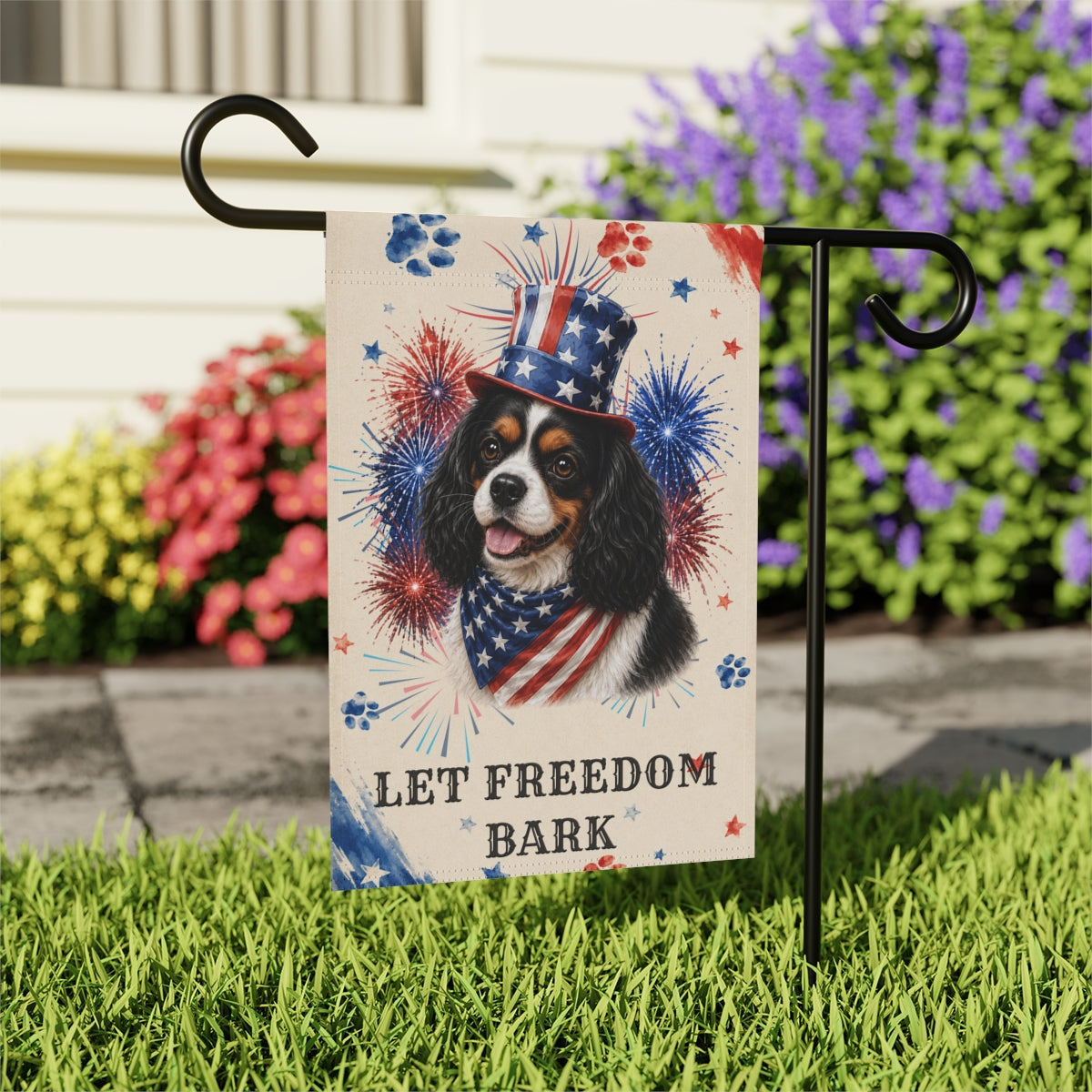 Patriotic Tri Color Cavalier Garden Flag, Let Freedom Bark