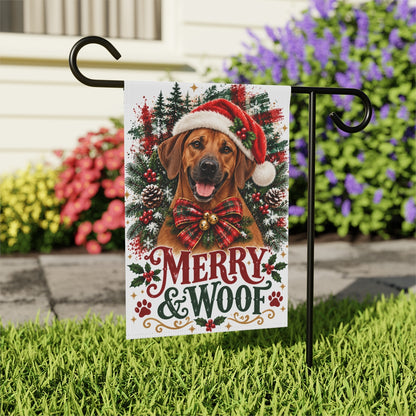 Rhodesian Ridgeback Christmas Garden Flag, Merry & Woof Holiday Yard Decor