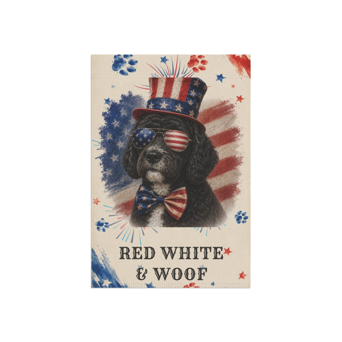 Patriotic Black Portuguese Water Dog Garden Flag, Red White and Woof