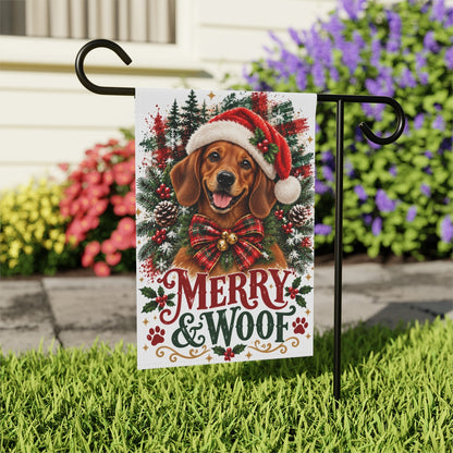 Red Dachshund Christmas Garden Flag, Merry & Woof Holiday Dog Yard Decor