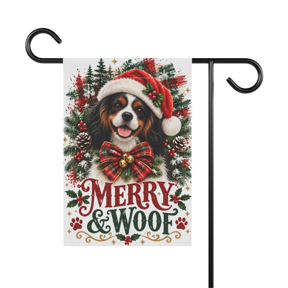 Tricolor Cavalier Christmas Garden Flag, Merry & Woof Holiday Dog Yard Decor