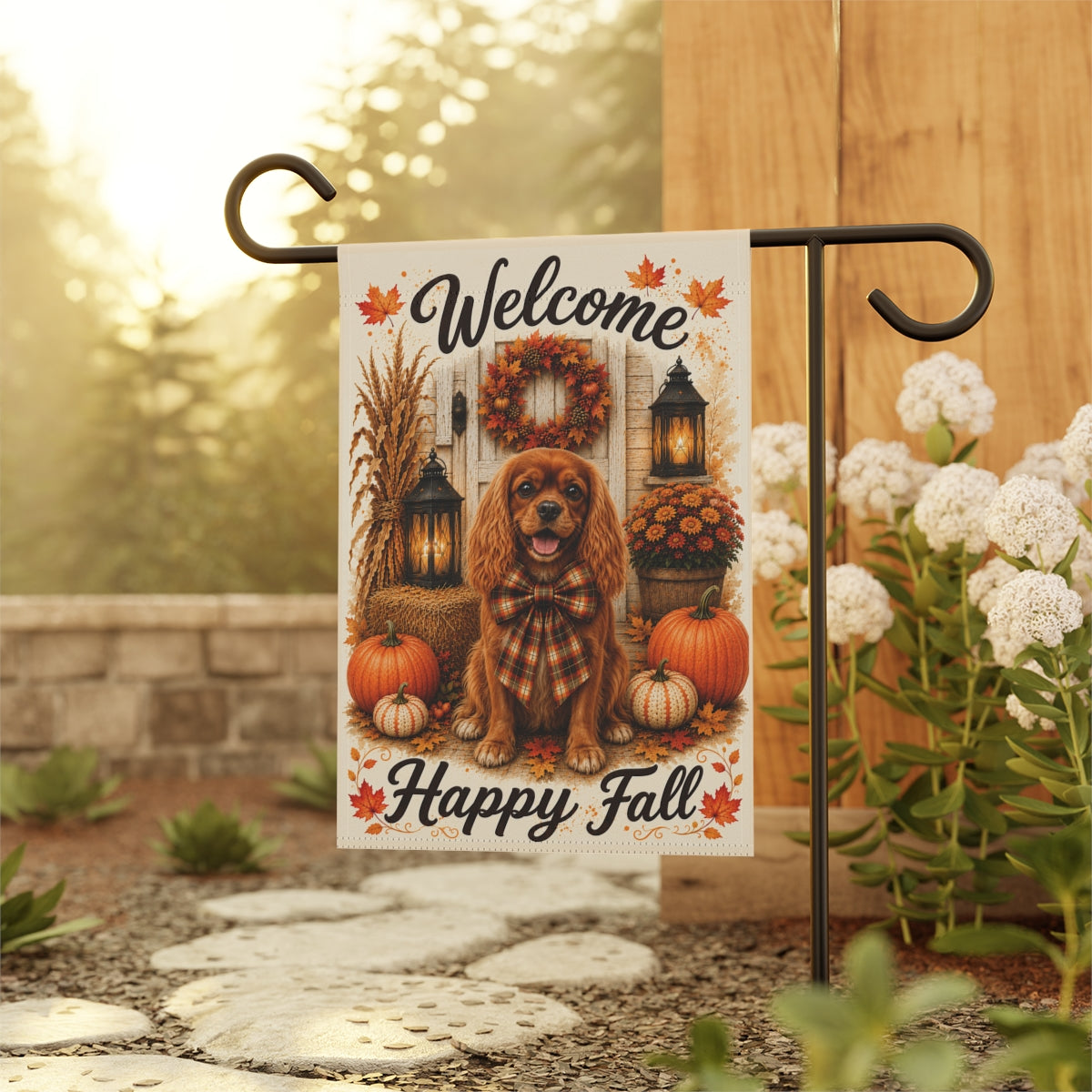 Ruby Cavalier Welcome Fall Garden Flag, Autumn Dog Porch Decor, Cavalier Lover Gift