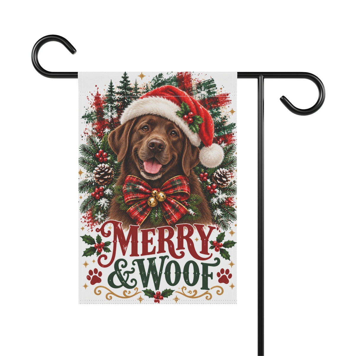 Chocolate Labrador Retriever Christmas Garden Flag, Merry & Woof Holiday Yard Decor