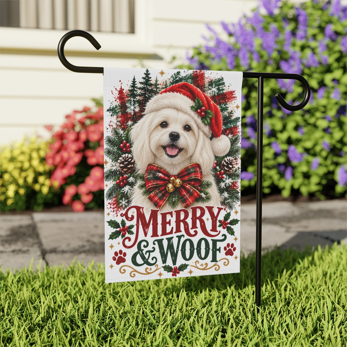 Maltese Christmas Garden Flag, Merry & Woof Holiday Dog Yard Decor