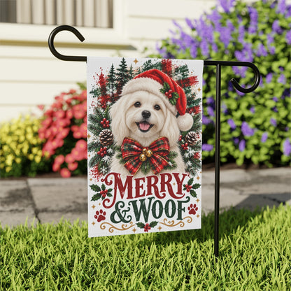 Maltese Christmas Garden Flag, Merry & Woof Holiday Dog Yard Decor