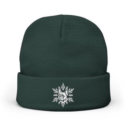 French Bulldog Beanie, Embroidered Frenchie Snowflake Winter Hat, French Bulldog Lover Gift