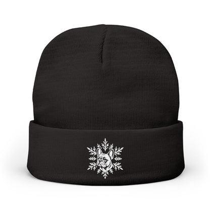 French Bulldog Beanie, Embroidered Frenchie Snowflake Winter Hat, French Bulldog Lover Gift