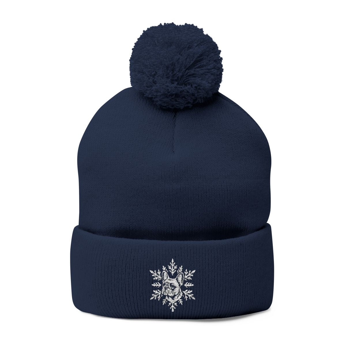 French Bulldog Pom Pom Beanie, Embroidered Frenchie Snowflake Winter Hat, French Bulldog Lover Gift
