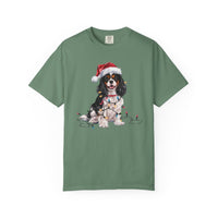 Load image into Gallery viewer, Tri-Color Cavalier King Charles Spaniel Christmas T-Shirt, Festive Dog Lover Holiday Gift, Santa Hat Dog Tee, Cute Cavalier Art
