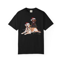 Load image into Gallery viewer, Yellow and Chocolate Labrador Christmas Shirt, Dog Santa Hat Tee, Festive Holiday Dog Art, Labrador Retriever Gift
