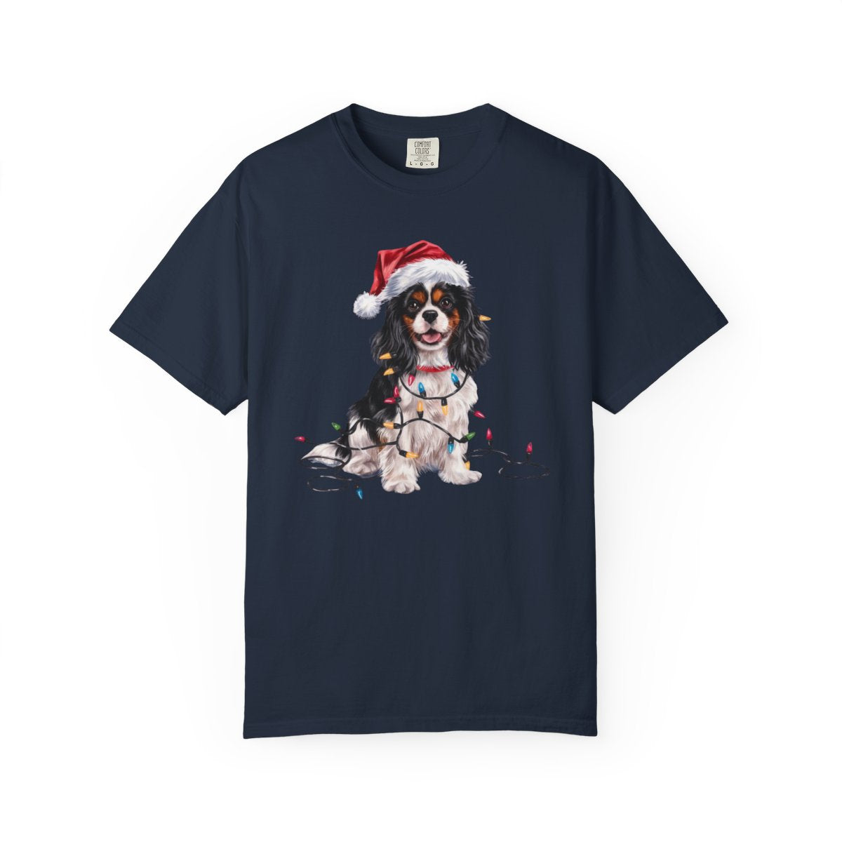 Tri-Color Cavalier King Charles Spaniel Christmas T-Shirt, Festive Dog Lover Holiday Gift, Santa Hat Dog Tee, Cute Cavalier Art